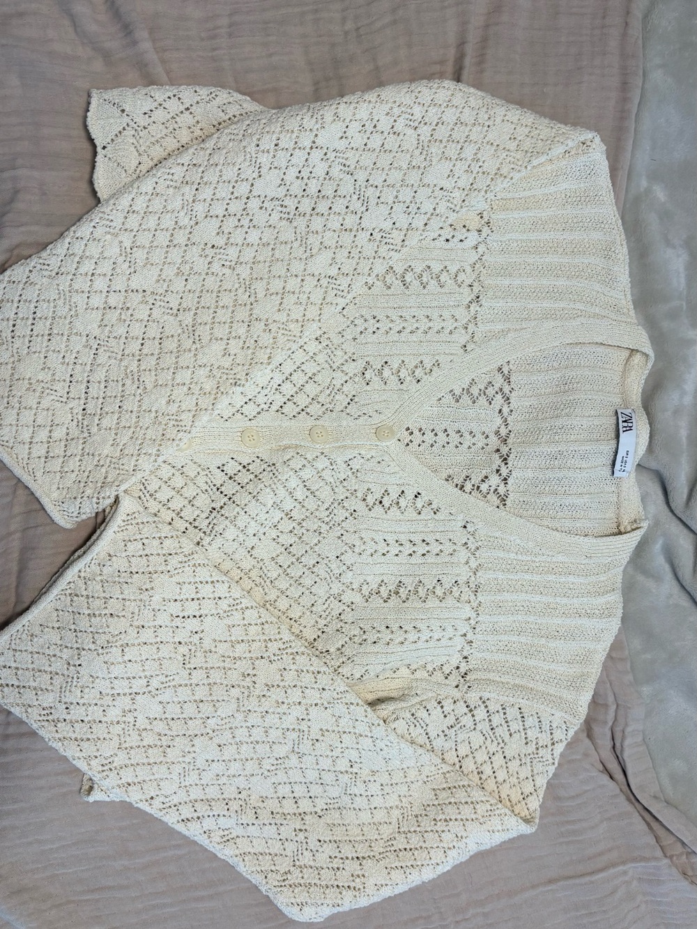 Zara Ivory Openwork Button-Up Cardigan